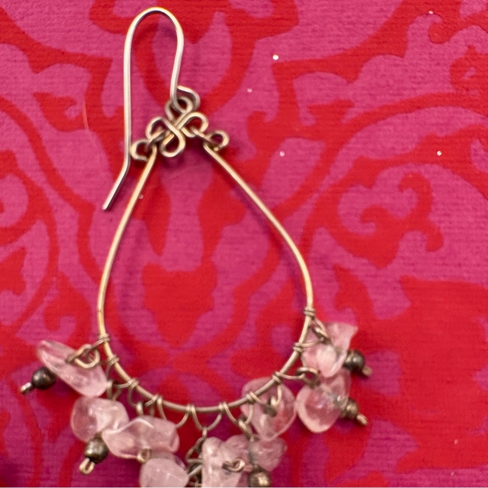 Summer fun, beaded silver tear-drop hoop earrings with dangling freeform beads